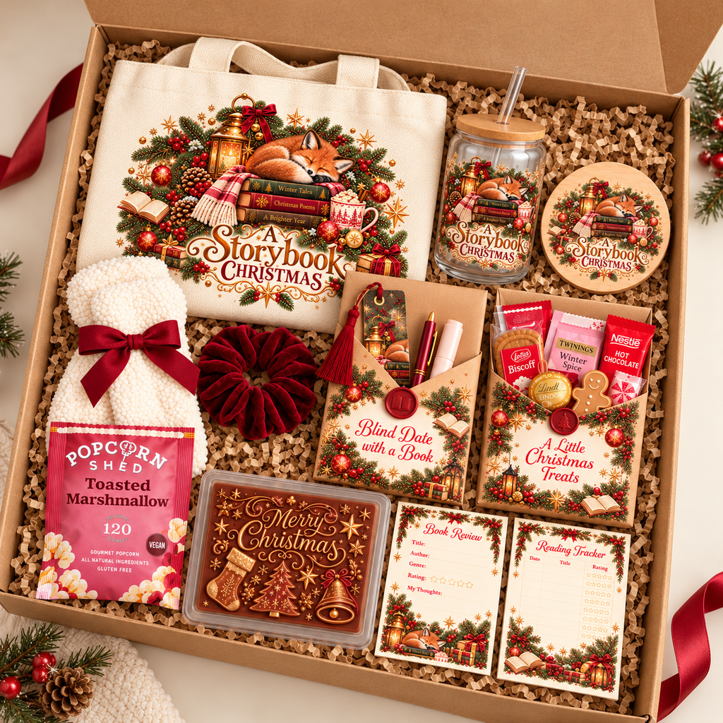 A curated Christmas gift box set labeled 'A Storybook Christmas' arranged in a cardboard box with shredded filler. The set includes a cream tote bag with a large holiday book-and-rustle print, a glass jar with a lid and straw, a round tin, a plush white sock with a red bow, a red velvet ornament, a card envelope, a small gift box, a 'Popcorn Sher' toasted marshmallow bag, a 'Merry Christmas' card, and two stationery cards.
