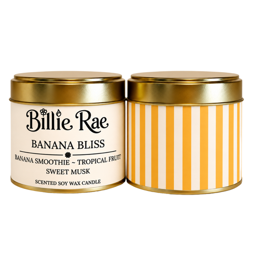 Banana Bliss 200g soy wax candle in a gold tin with biodegradable glitter from the Everyday Favourites Collection.