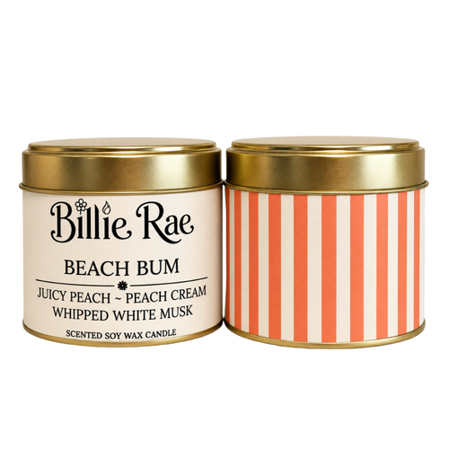 Beach Bum 200g soy wax candle in a gold tin with biodegradable glitter from the Everyday Favourites Collection.