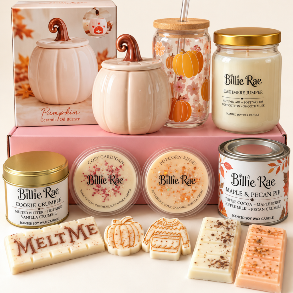 Billie Rae Autumn Premium Mystery Gift Set with Candles Wax Melts Burner and Glass Tumbler