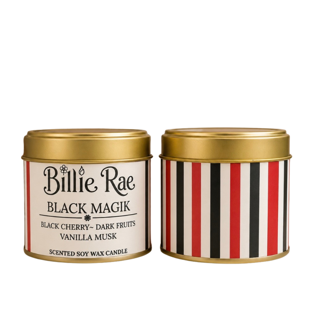 Black Magik 200g Halloween soy wax candle in a gold tin with biodegradable glitter.