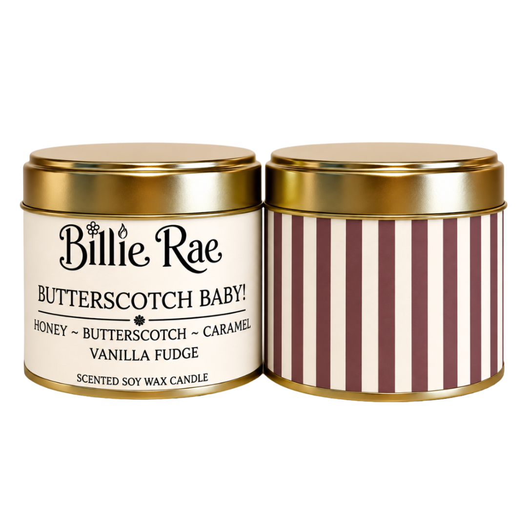 Butterscotch Baby! 200g soy wax candle in a gold tin with biodegradable glitter from the Everyday Favourites Collection.