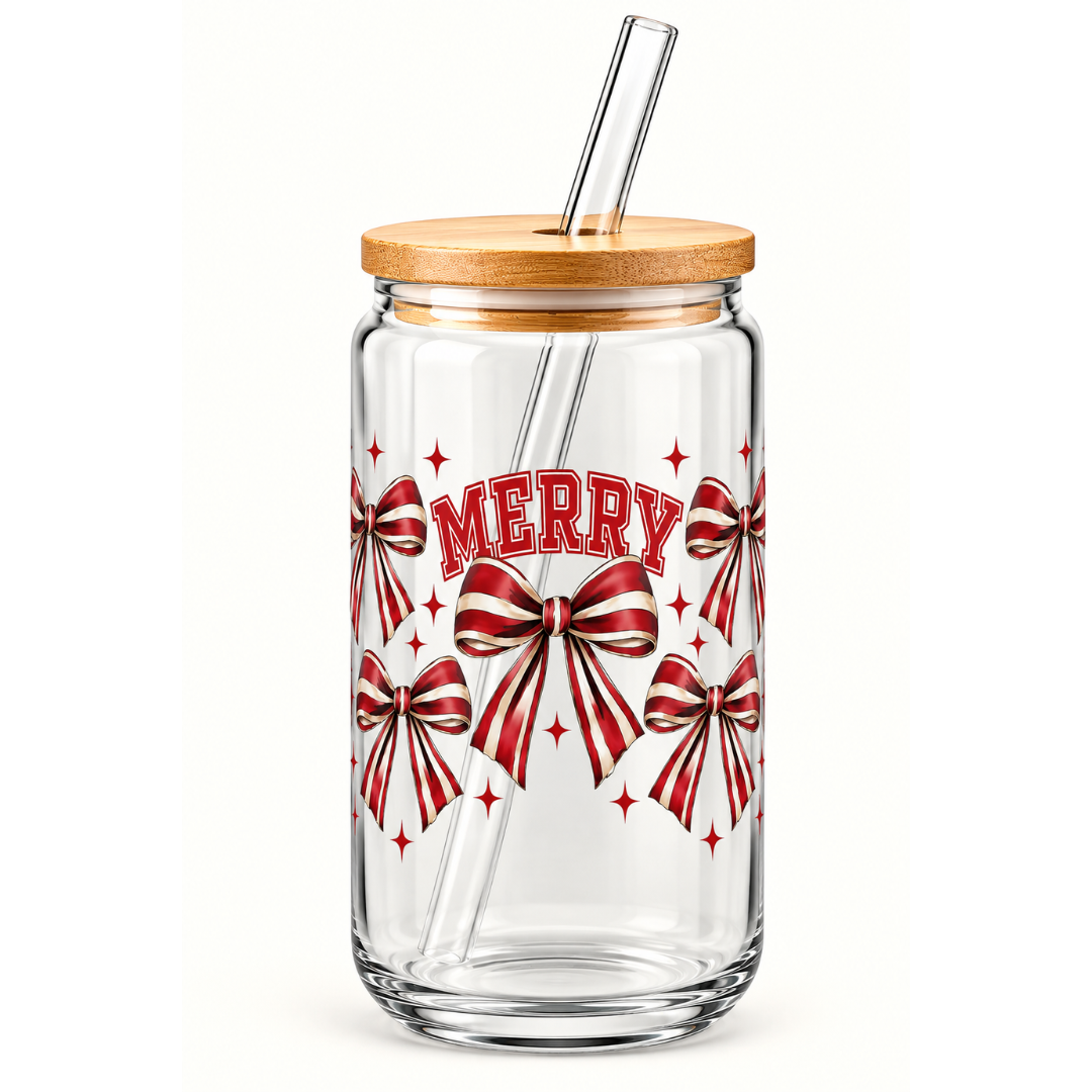 Candy Bows 16oz Glass Tumbler with Bamboo Lid & Glass Straw | Christmas Collection