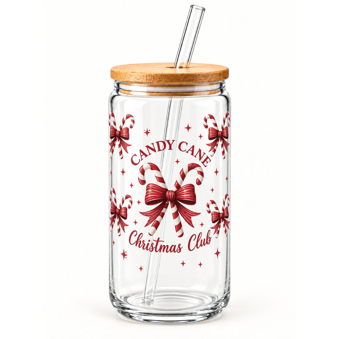 Candy Cane Christmas Club 16oz Glass Tumbler with Bamboo Lid & Glass Straw | Christmas Collection