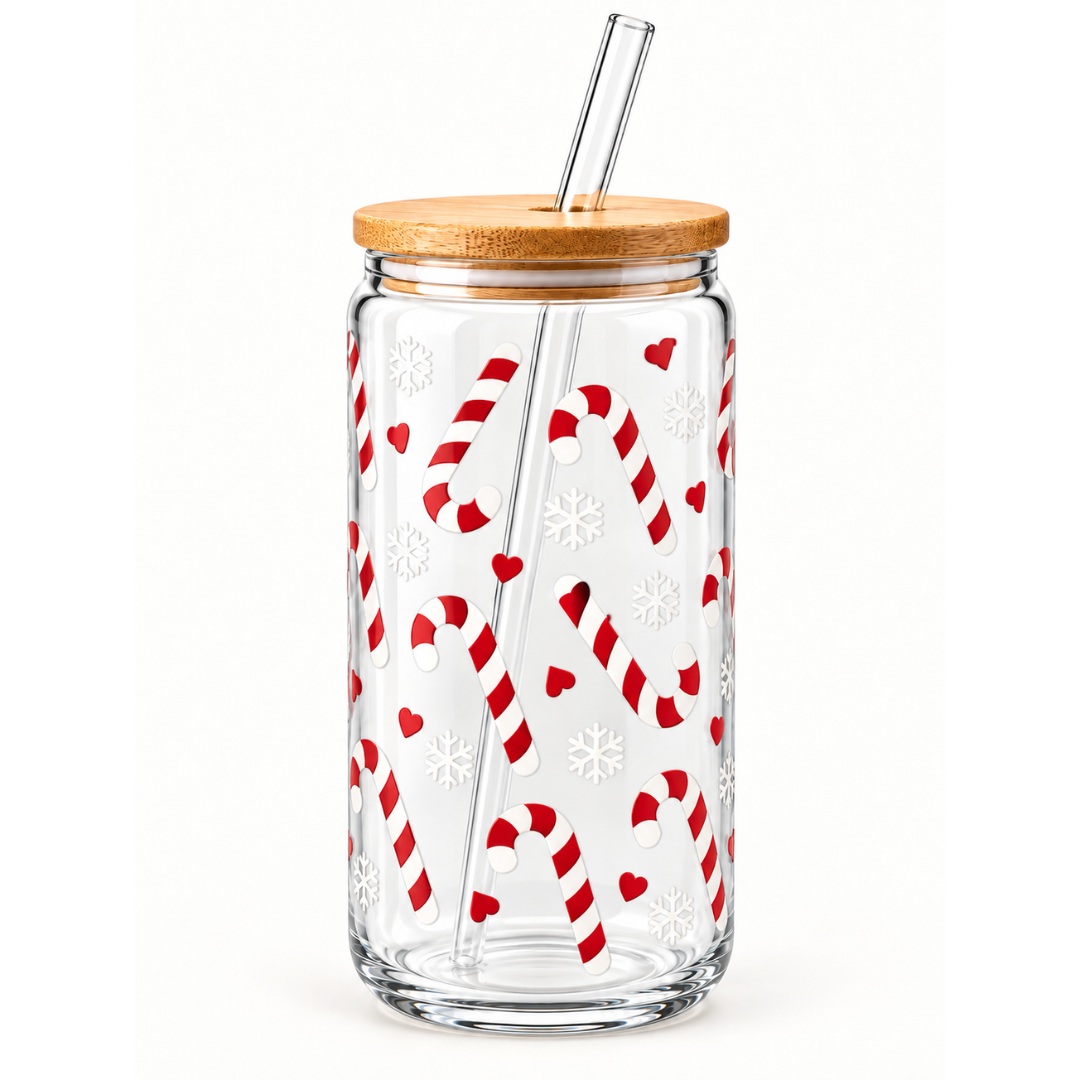 Candy Cane Snowflakes 16oz Glass Tumbler with Bamboo Lid & Glass Straw | Christmas Collection