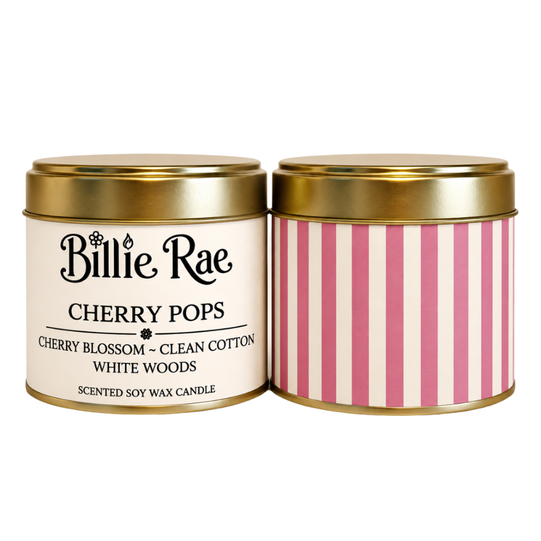 Cherry Pops 200g soy wax candle in a gold tin with biodegradable glitter from the Everyday Favourites Collection.
