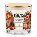 Christmas Market 500g double wick Christmas glass candle by Billie Rae with gold lid and a warm cinnamon and zesty orange festive fragrance.