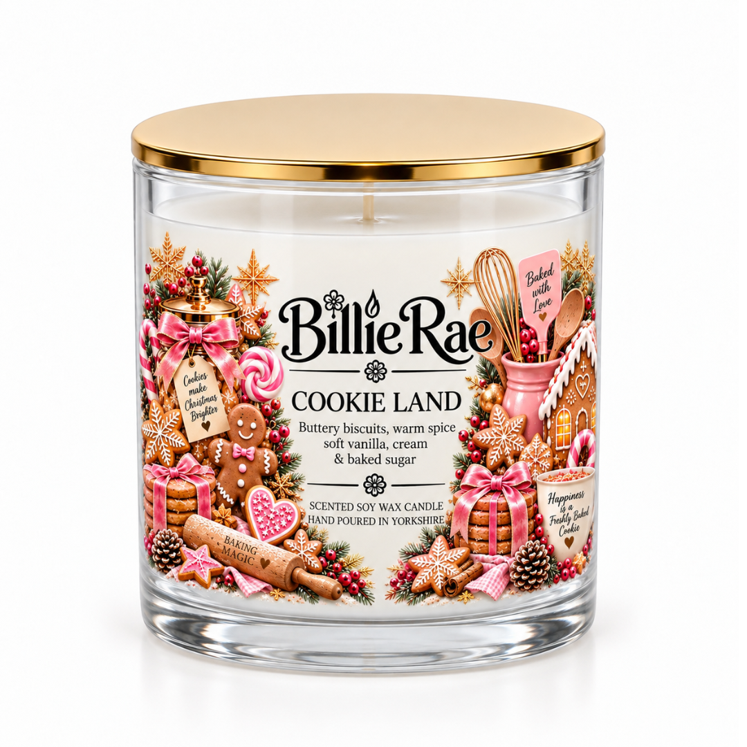 Cookieland 400g double wick Christmas glass candle by Billie Rae with gold lid and a sweet buttery biscuit, sugar and creamy Christmas cookie fragrance.