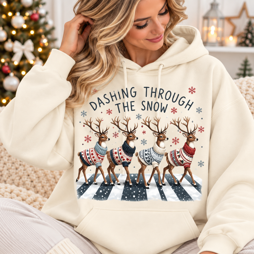 dashing through the snow hoodie, cotton Christmas hoodie, Christmas hoodie, womens Christmas hoodie, soft touch cotton hoodie, festive hoodie, Christmas clothing, Billie Rae hoodie