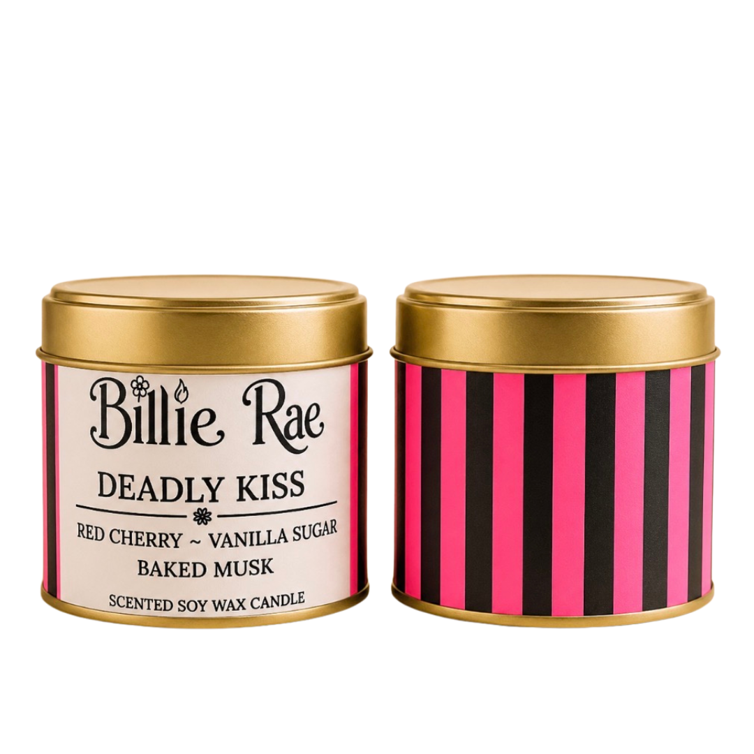Deadly Kiss 200g Halloween soy wax candle in a gold tin with biodegradable glitter.