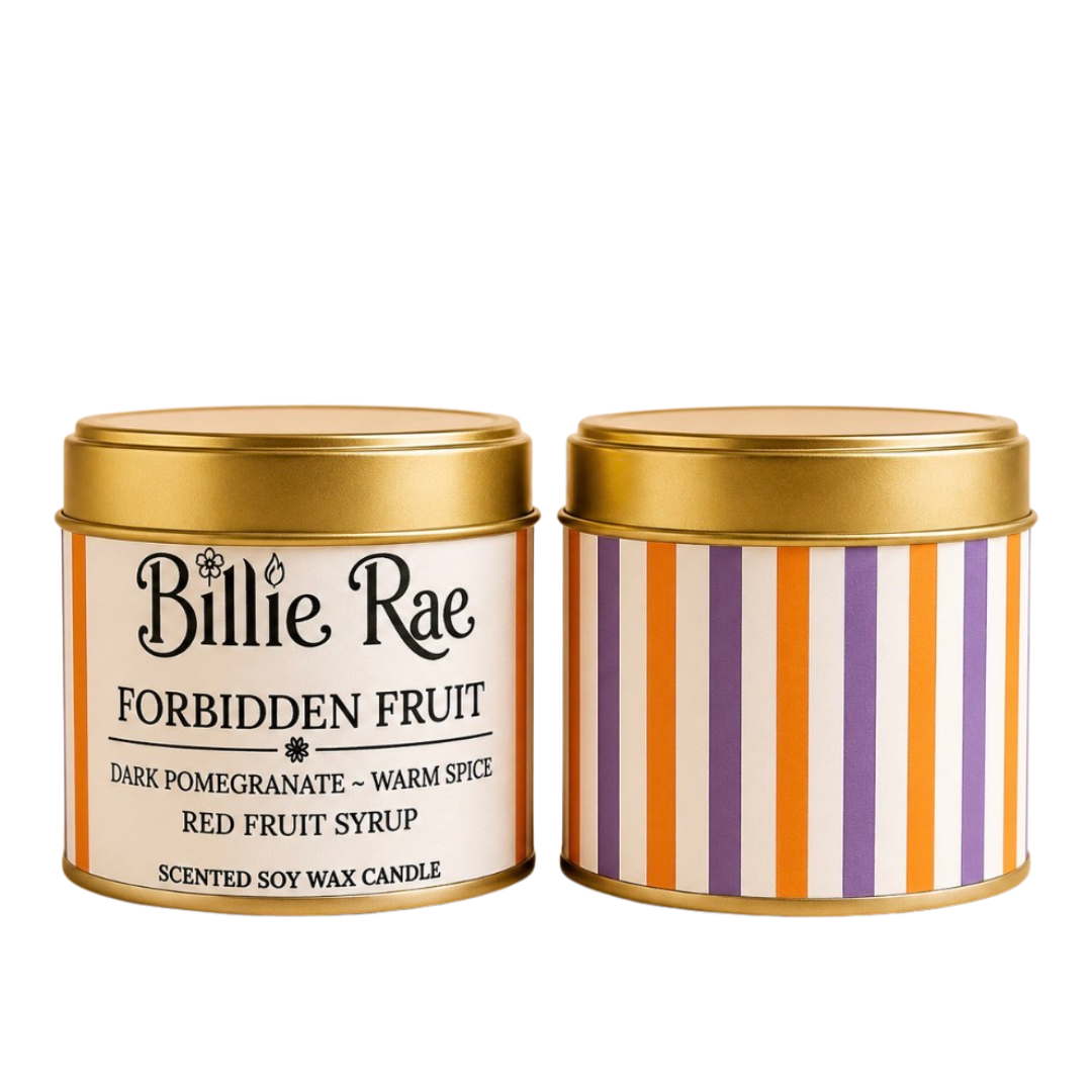 Forbidden Fruit 200g Halloween soy wax candle in a gold tin with biodegradable glitter.