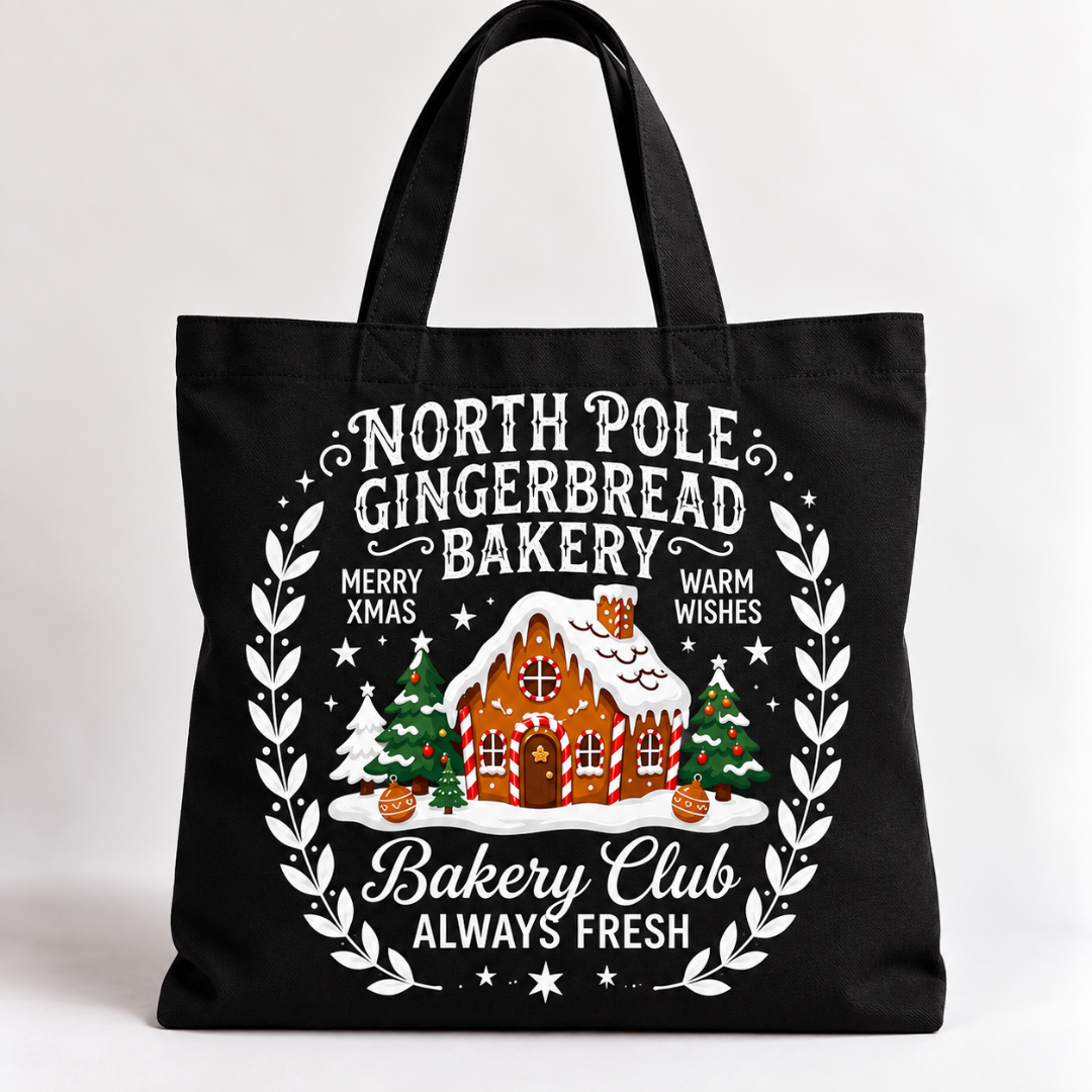 A black canvas tote bag with a festive Christmas-themed graphic for 'North Pole Gingerbread Bakery'. The design features white text reading 'North Pole Gingerbread Bakery', 'Merry Xmas', and 'Bakery Club Always Fresh', surrounding an illustration of a gingerbread house, snow, pine trees, and stars, set against a clean white background.