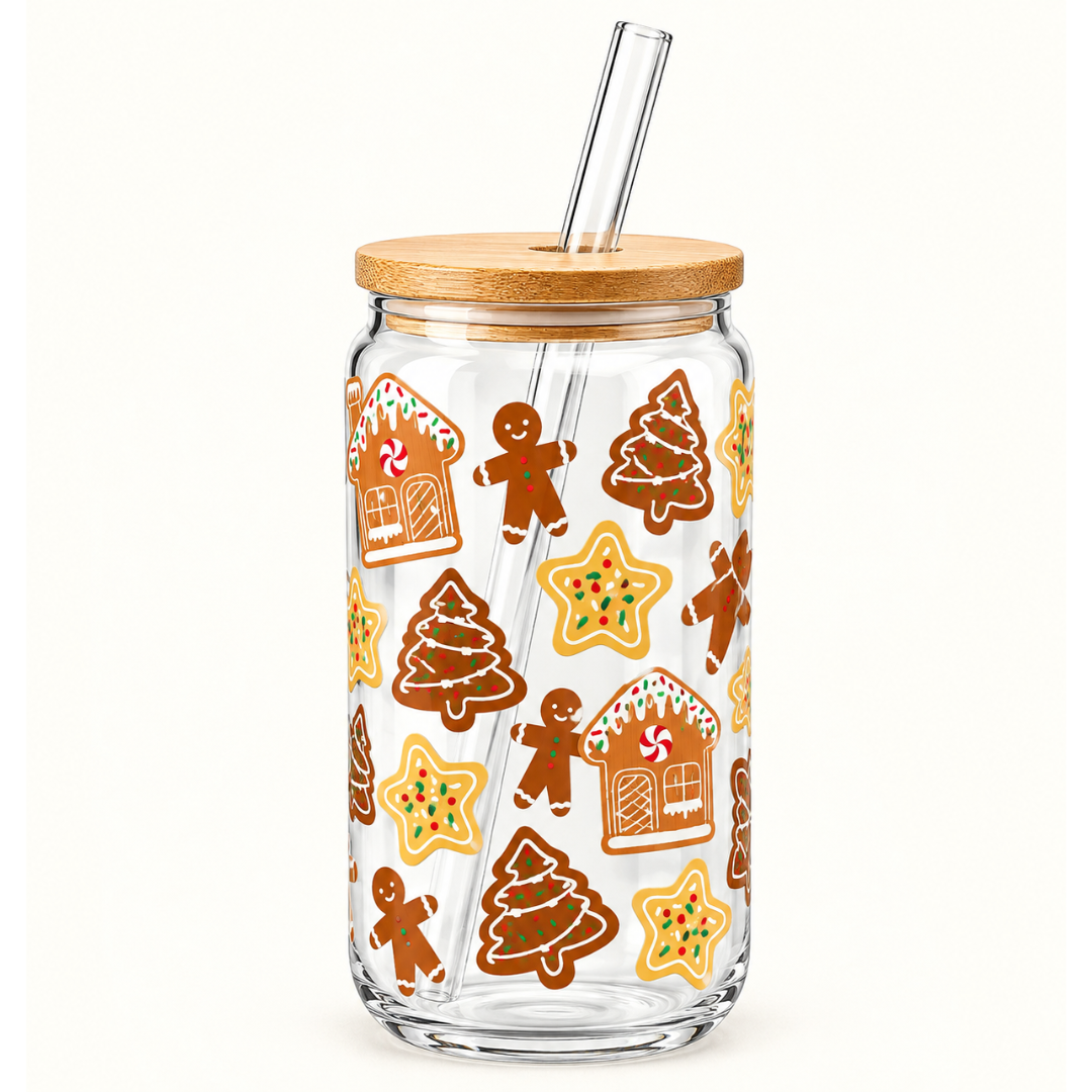 Gingerbread Cookies 16oz Glass Tumbler with Bamboo Lid & Glass Straw | Christmas Collection