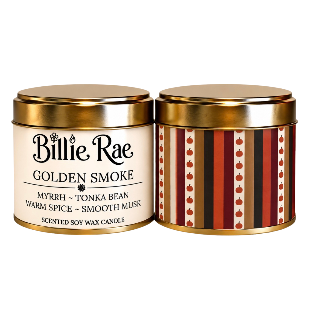 Golden Smoke 200g soy wax candle in a gold tin with biodegradable glitter from the Autumn Collection.