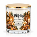 Holy Smokes! 400g double wick Christmas glass candle by Billie Rae with gold lid and a rich myrrh, tonka bean, amber, incense and woody fragrance.
