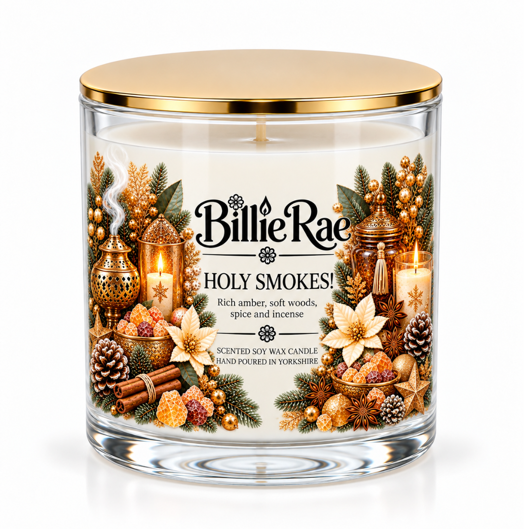 Holy Smokes! 400g double wick Christmas glass candle by Billie Rae with gold lid and a rich myrrh, tonka bean, amber, incense and woody fragrance.