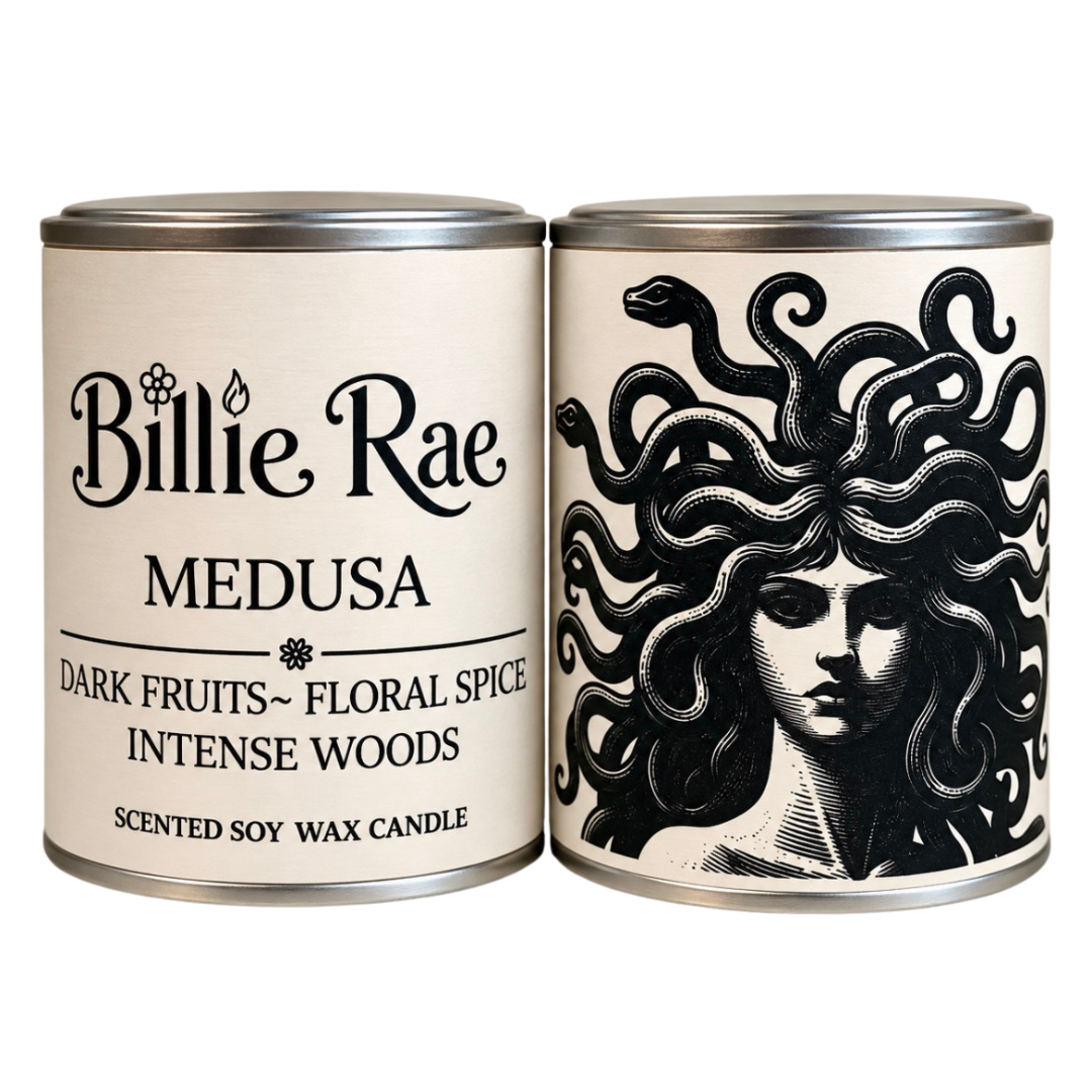 A hand-poured 250g net weight soy wax candle in a paint pot style container, finished with biodegradable glitter. Medusa blends rich juicy fruits with dark florals, subtle spice, warm woods and soft musk for a mysterious, seductive and spellbinding Halloween fragrance.