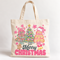 Merry Christmas Pastel Pink Organic Cotton Canvas Tote Bag | Christmas Collection