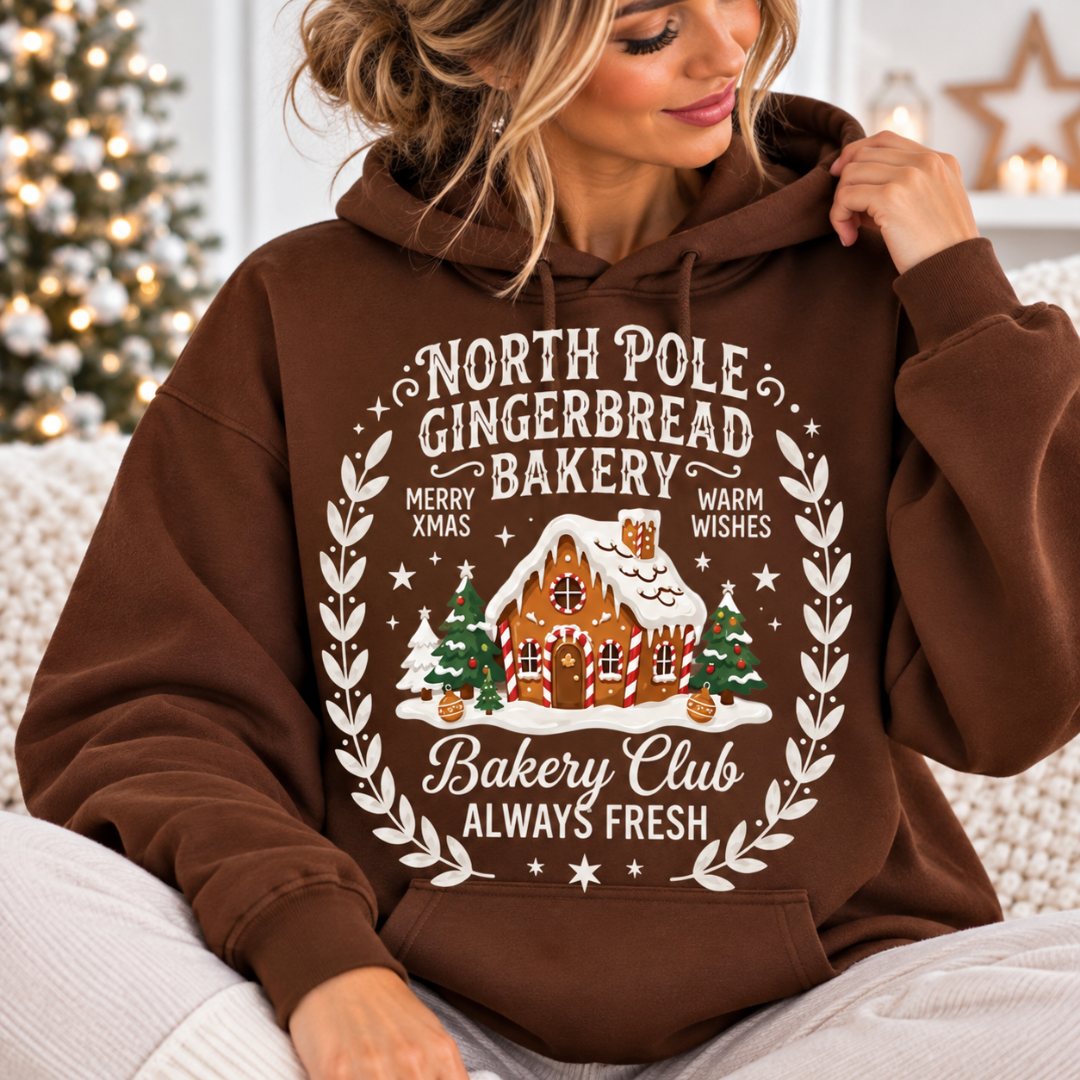 North Pole Gingerbread Bakery hoodie, gingerbread Christmas hoodie, cotton Christmas hoodie, Christmas hoodie, soft touch cotton hoodie, festive hoodie, Christmas clothing, Billie Rae hoodie