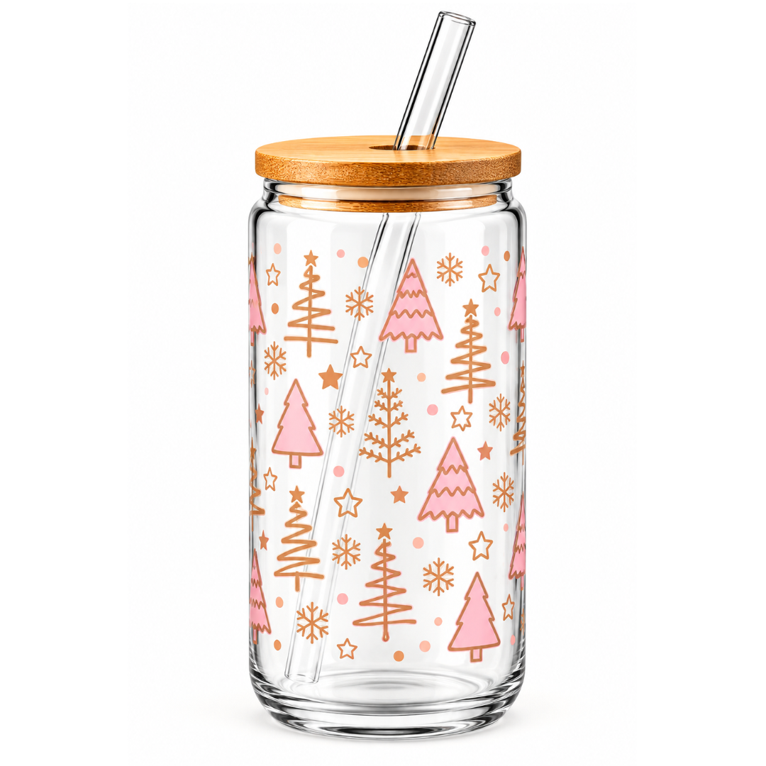 Pastel Christmas Trees 16oz Glass Tumbler with Bamboo Lid & Glass Straw | Christmas Collection