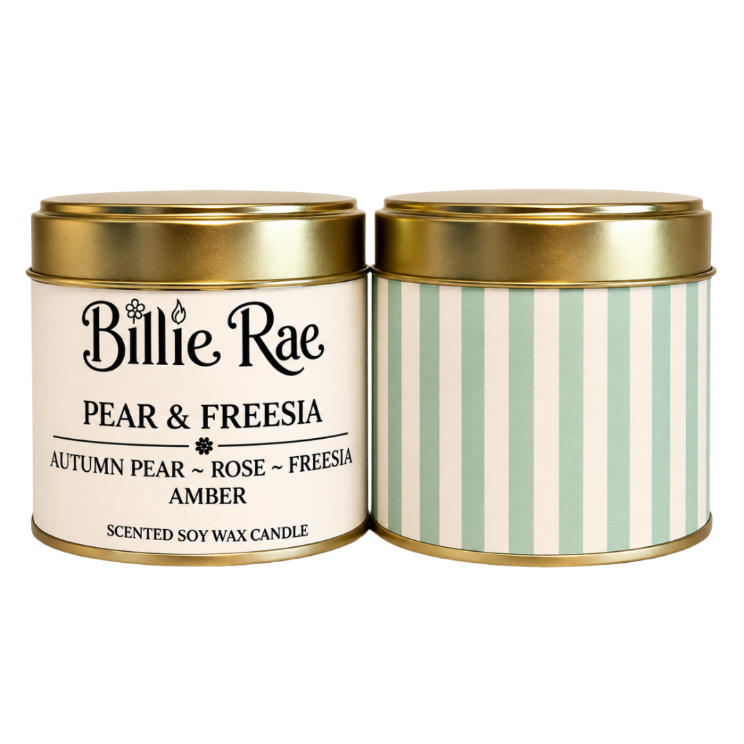 Pear & Freesia 200g soy wax candle in a gold tin with biodegradable glitter from the Everyday Favourites Collection.
