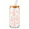 Pink Christmas 16oz Glass Tumbler with Bamboo Lid & Glass Straw | Christmas Collection