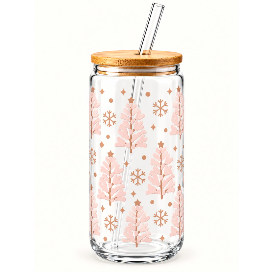 Pink Christmas 16oz Glass Tumbler with Bamboo Lid & Glass Straw | Christmas Collection