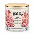 Pink Snowflakes 400g double wick Christmas glass candle by Billie Rae with gold lid and a sweet candy, floral, vanilla and soft musk fragrance.
