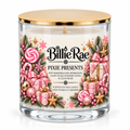 Pixie Presents 500g double wick Christmas glass candle by Billie Rae with gold lid and a sweet candy, soft fruit and creamy vanilla fragrance.