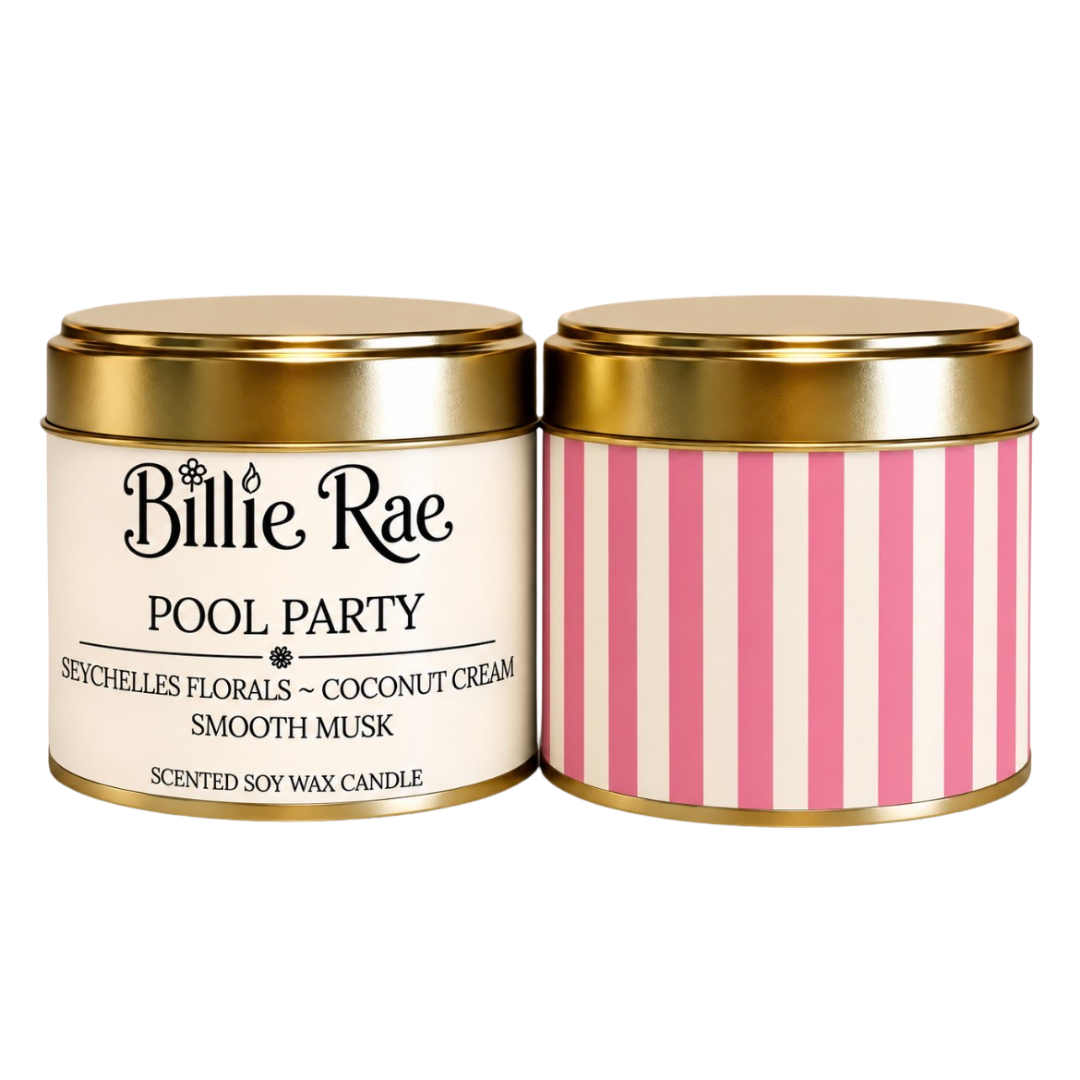 Pool Party 200g soy wax candle in gold tin with biodegradable glitter – Everyday Favourites Collection