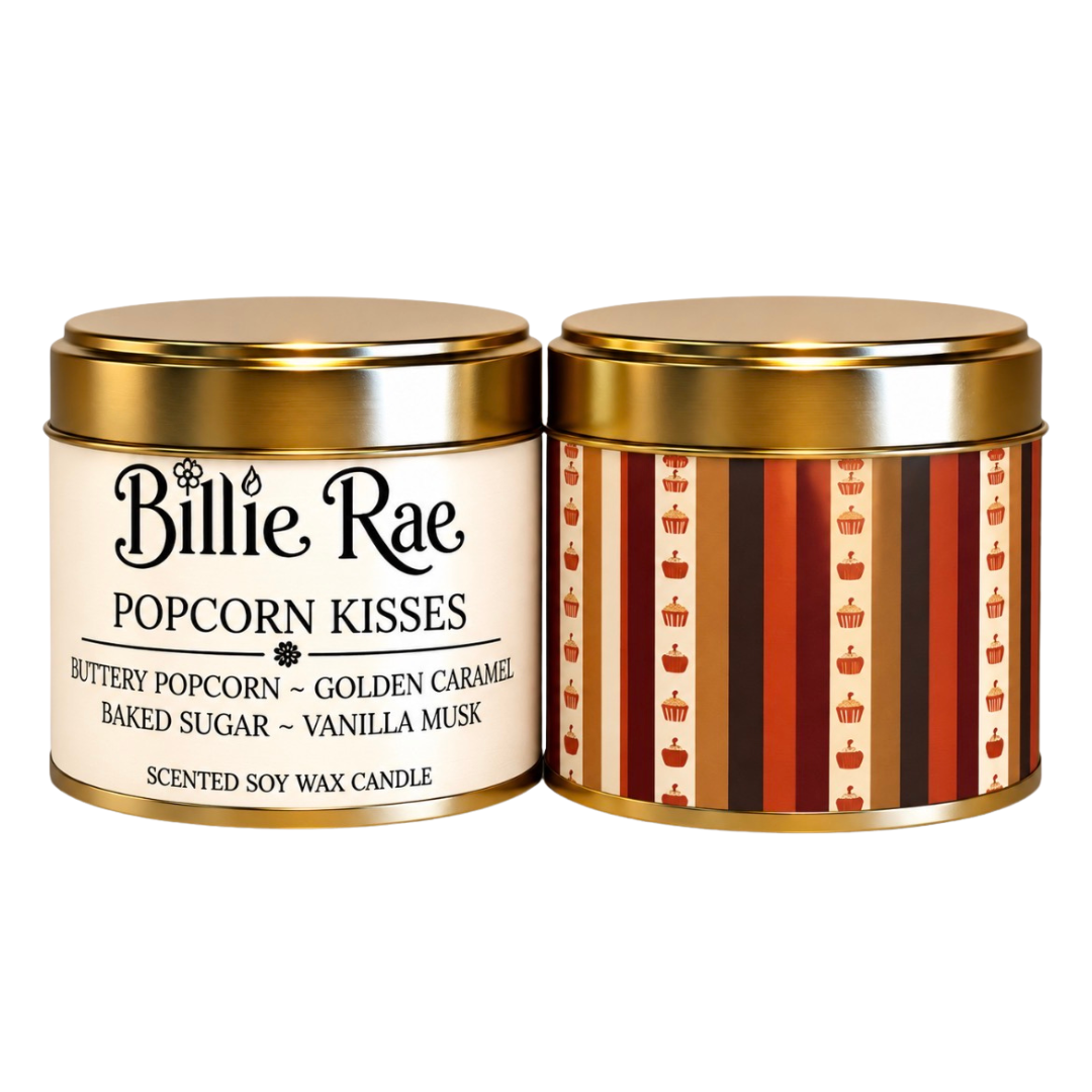 Popcorn Kisses 200g soy wax candle in a gold tin with biodegradable glitter from the Autumn Collection.