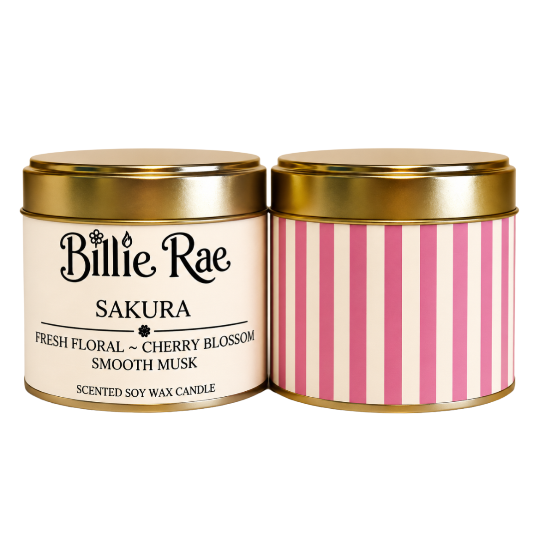 Sakura 200g soy wax candle in a gold tin with biodegradable glitter from the Everyday Favourites Collection.