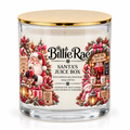 Santa’s Juice Box 500g double wick Christmas glass candle by Billie Rae with gold lid and a fruity cranberry, frosted berry and orange fragrance.