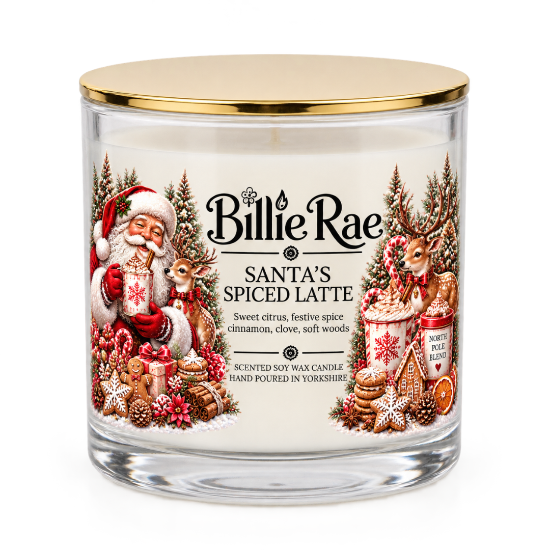 Santa’s Spiced Latte 500g double wick Christmas glass candle by Billie Rae with gold lid and a warm citrus, cinnamon, clove and woody fragrance.
