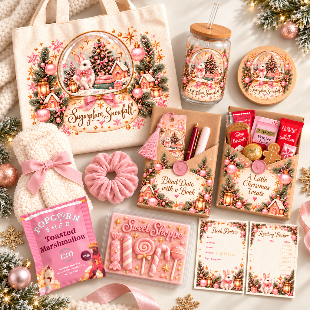 A coordinated Christmas-themed gift set arranged on a light fabric background. The set includes a cream tote bag with a large 'Symptom Snowfall' winter scene print, a glass jar with a wooden lid and straw, a round wooden tray, a pink knit hat with a bow, a pink scrunchie, a pink box of popcorn-flavored marshmallows, a pink 'Sweet Shoppe' candy bar, a 'Blind Date with a Book' card, a 'A Little Christmas Treats' snack box