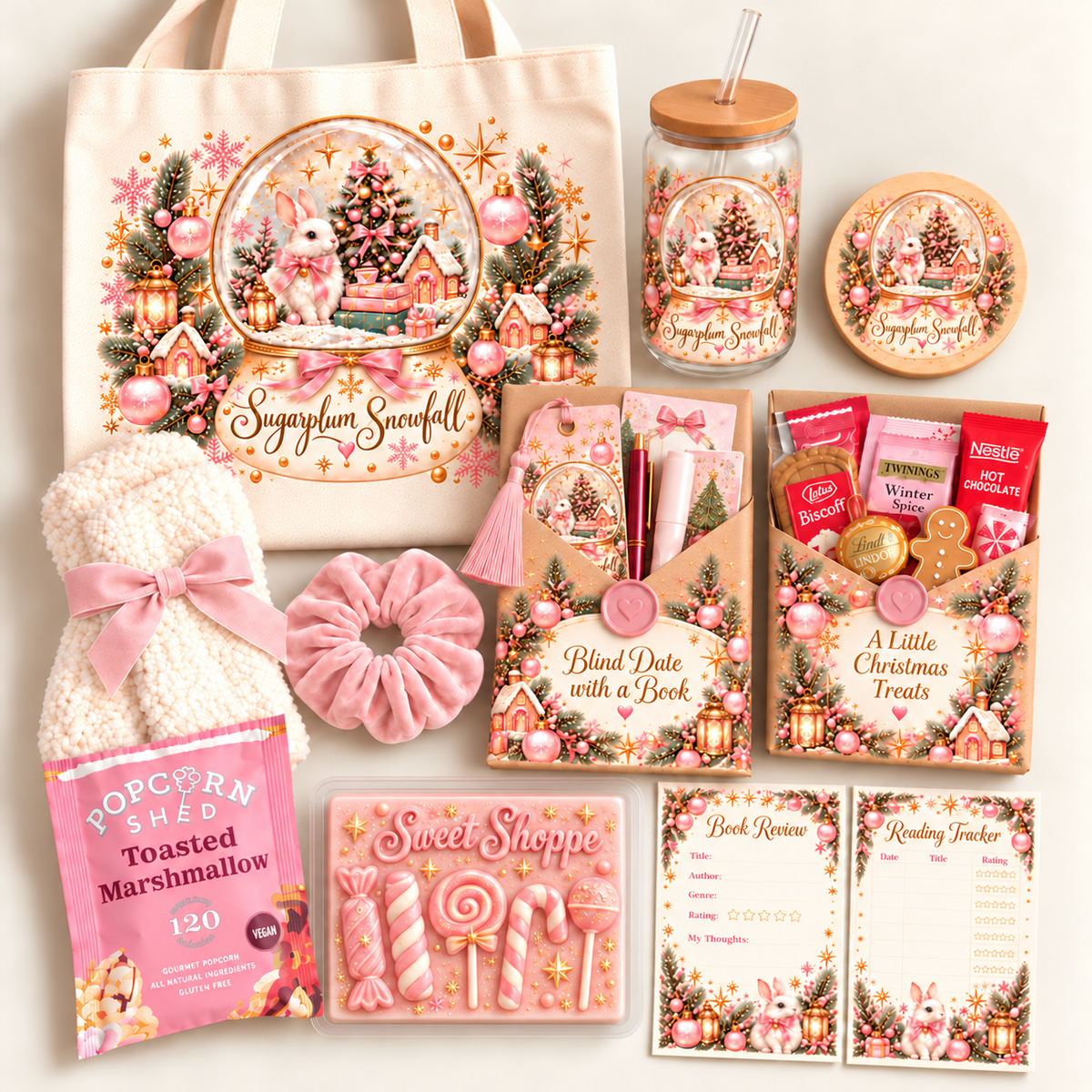 A coordinated holiday gift set arranged on a light neutral background, featuring a cream tote bag with a large Christmas village print and the words 'Sugarplum Snowfall,' 