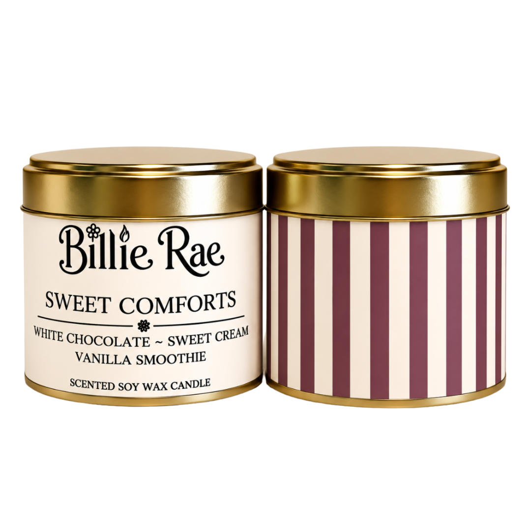 Sweet Comforts 200g soy wax candle in a gold tin with biodegradable glitter from the Everyday Favourites Collection.