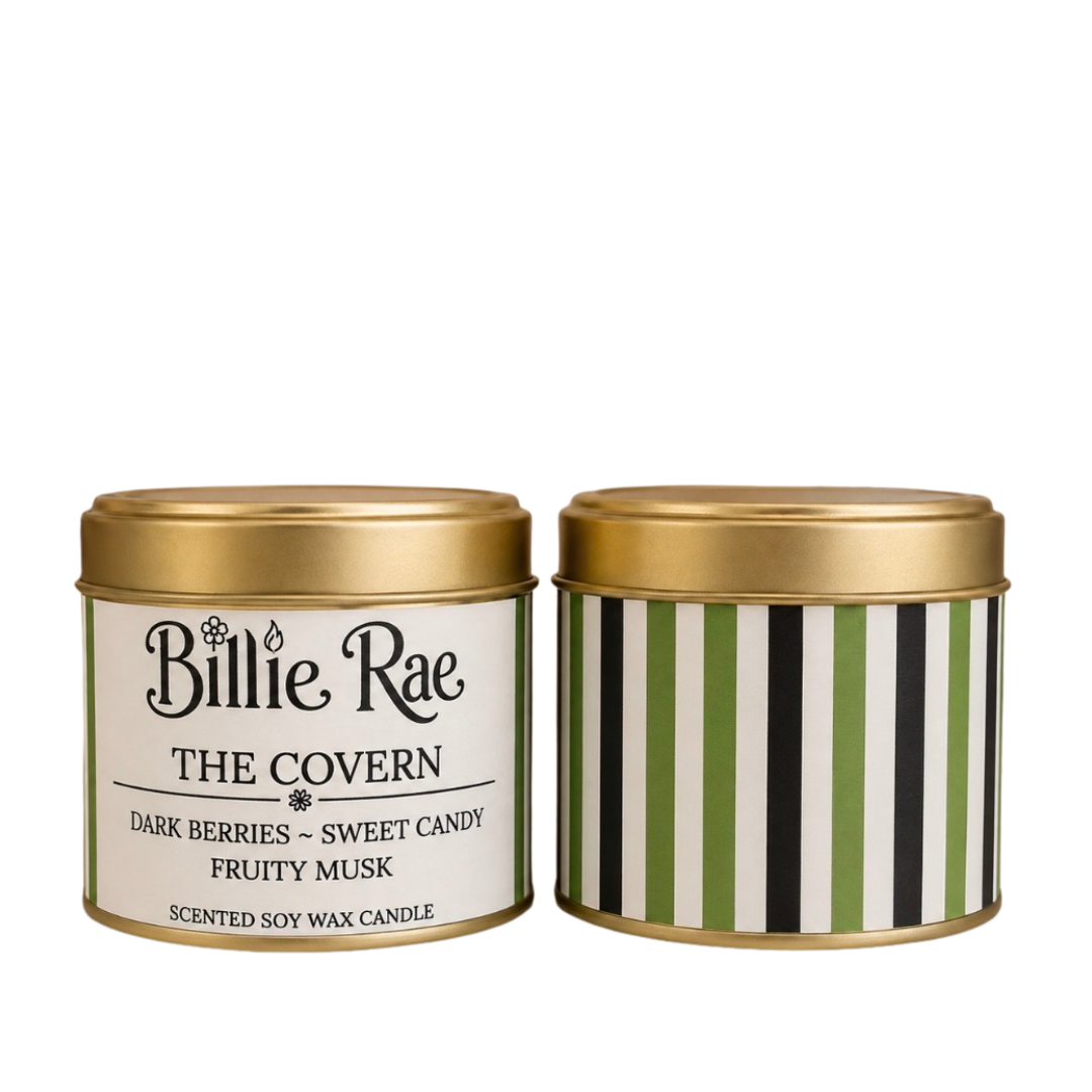 The Coven 200g Halloween soy wax candle in a gold tin with biodegradable glitter.