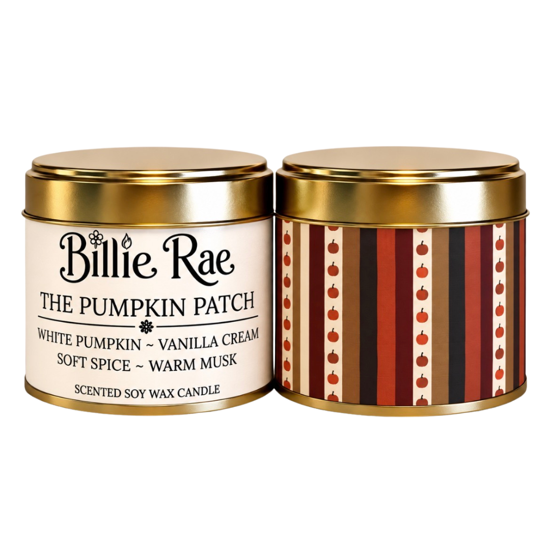 The Pumpkin Patch 200g soy wax candle in a gold tin with biodegradable glitter from the Autumn Collection.