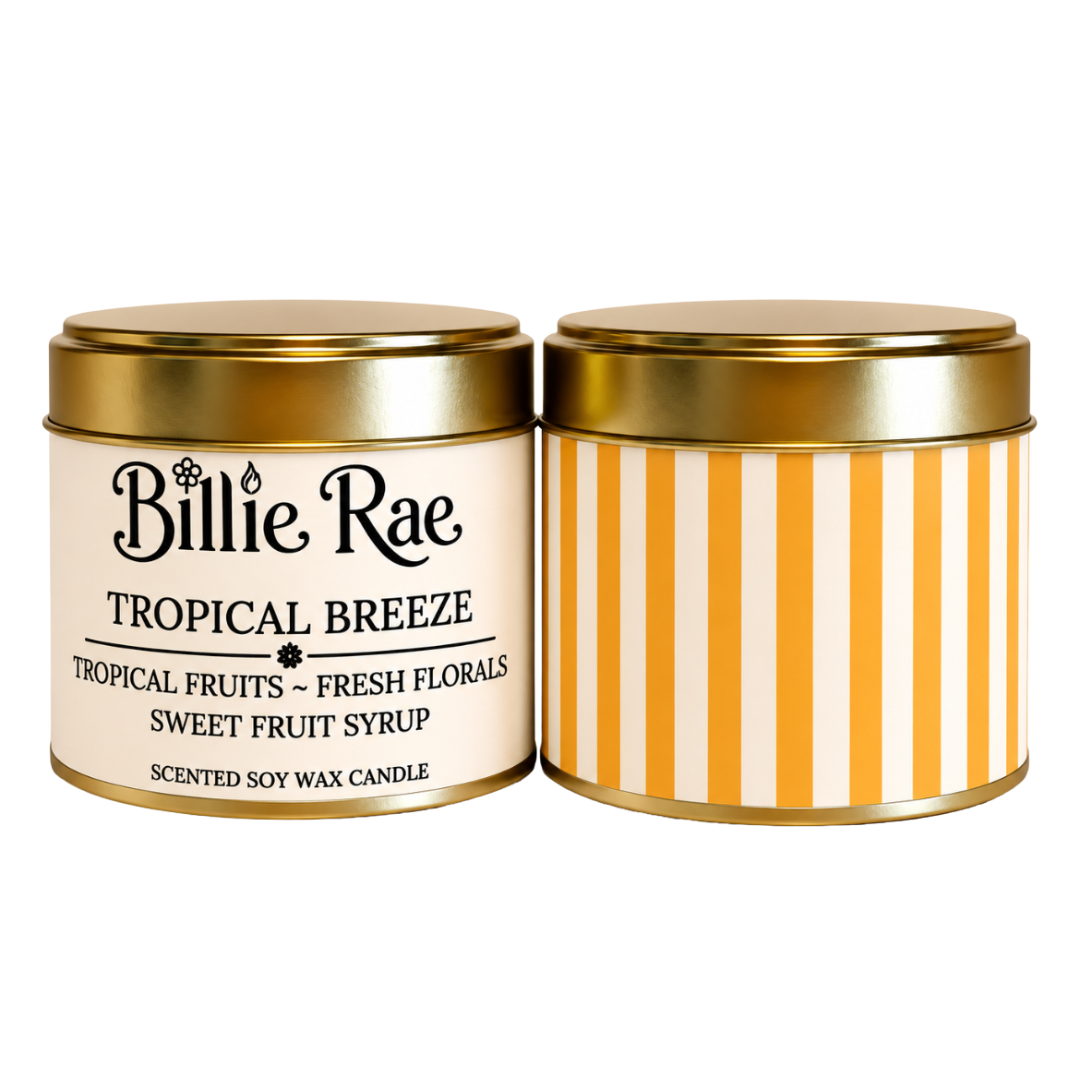 Tropical Breeze 200g soy wax candle in a gold tin with biodegradable glitter from the Everyday Favourites Collection.