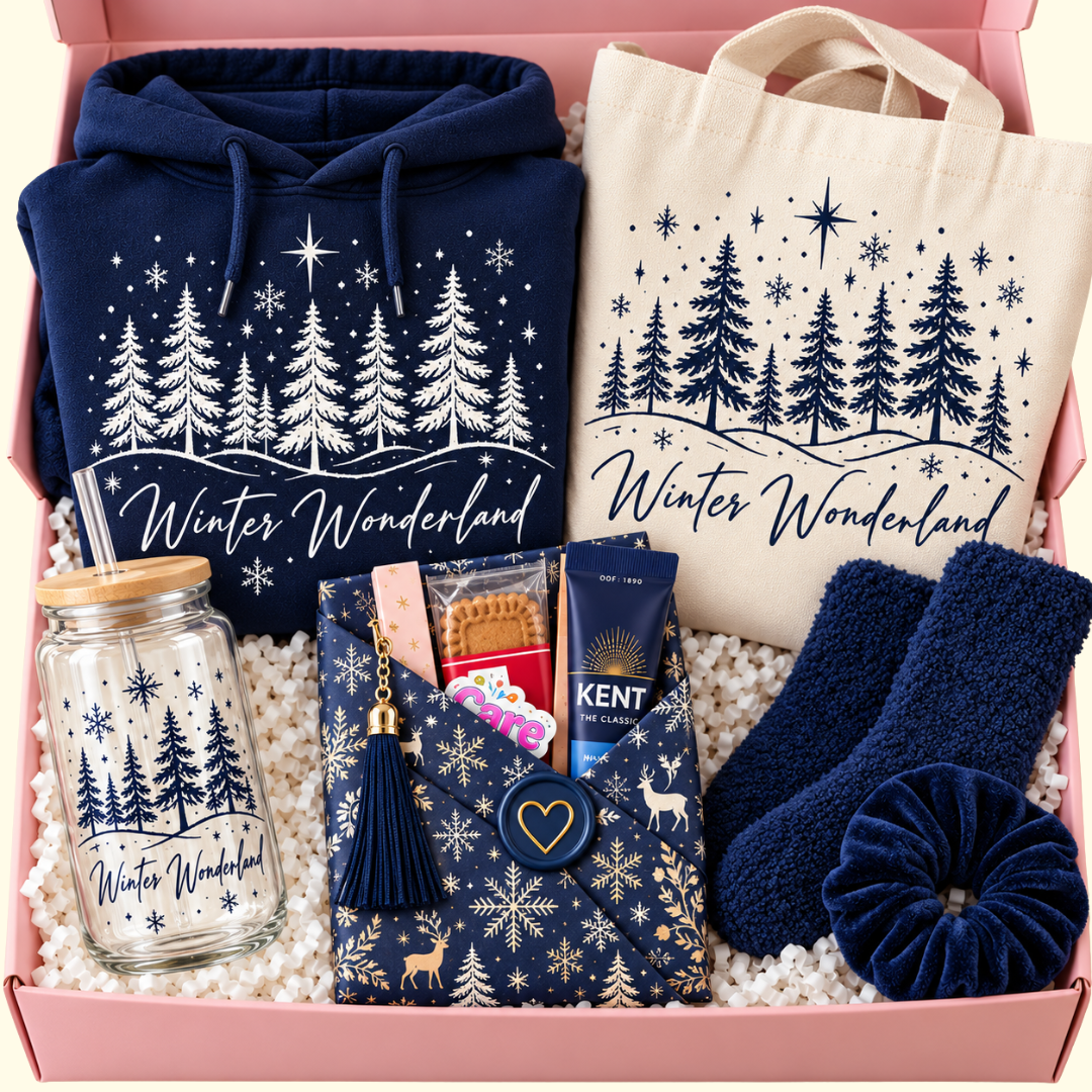 A curated gift box set featuring a navy blue hoodie and canvas tote bag with white 'Winter Wonderland' tree graphics, navy knit socks and scrunchie, a glass jar with a straw, and a patterned fabric pouch with a tassel, all arranged in a pink box with white filler.