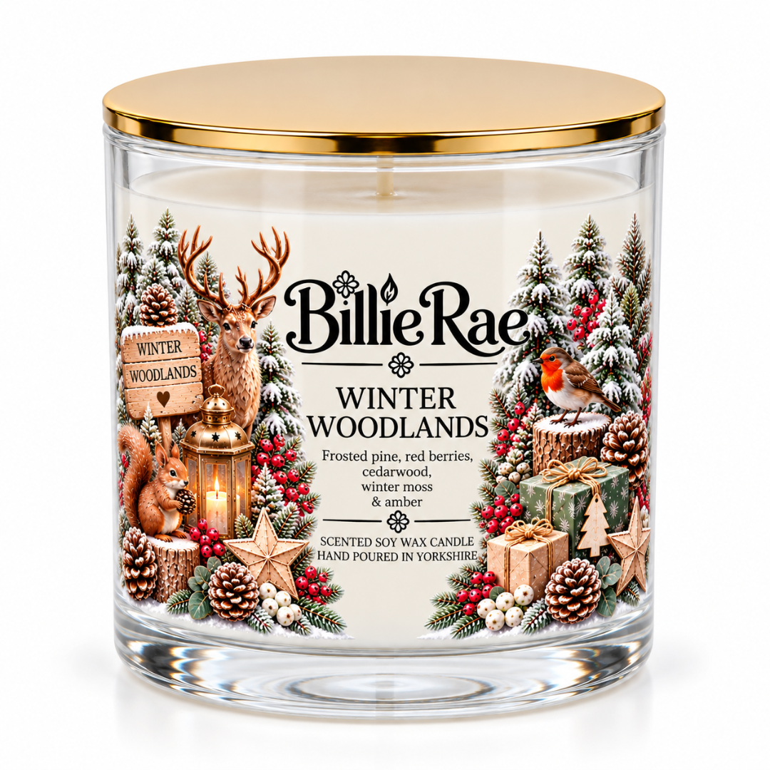 Winter Woodlands 400g double wick Christmas glass candle by Billie Rae with gold lid and a fresh pine, winter woods and soft musk fragrance.