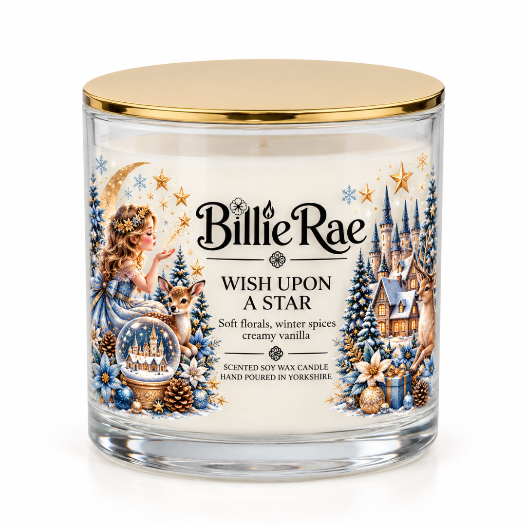 Wish Upon a Star 500g double wick Christmas glass candle by Billie Rae with gold lid and a soft floral, gentle spice, vanilla and musk fragrance.