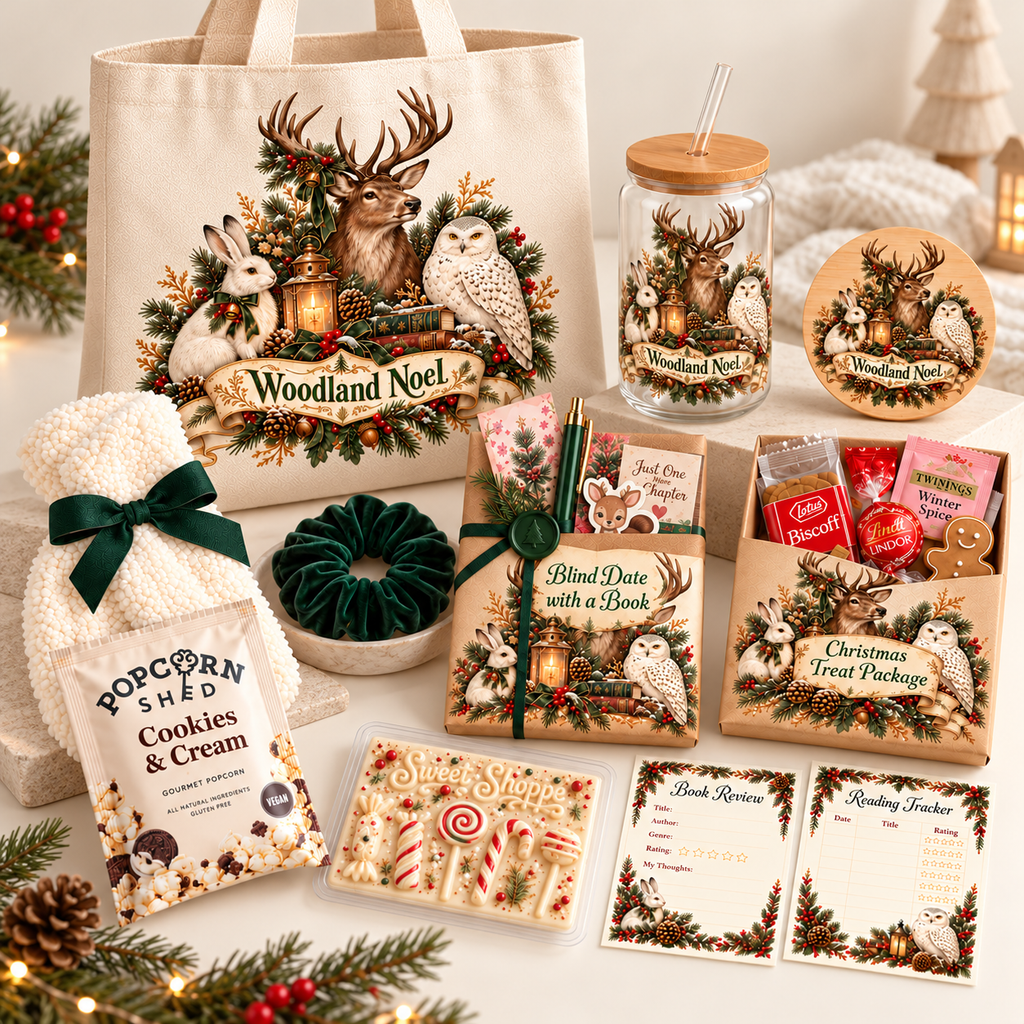 A coordinated holiday gift set arranged on a light surface, featuring a large cream canvas tote bag, a glass jar with a wooden lid, a round tin, a bag of Popcorn Shred cookies and cream, treat boxes, cards, and small decorative items. The designs are decorated with woodland motifs including deer, owls, evergreen branches, ornaments, and the text 'Woodland Noel' and 'Popcorn Shred'.