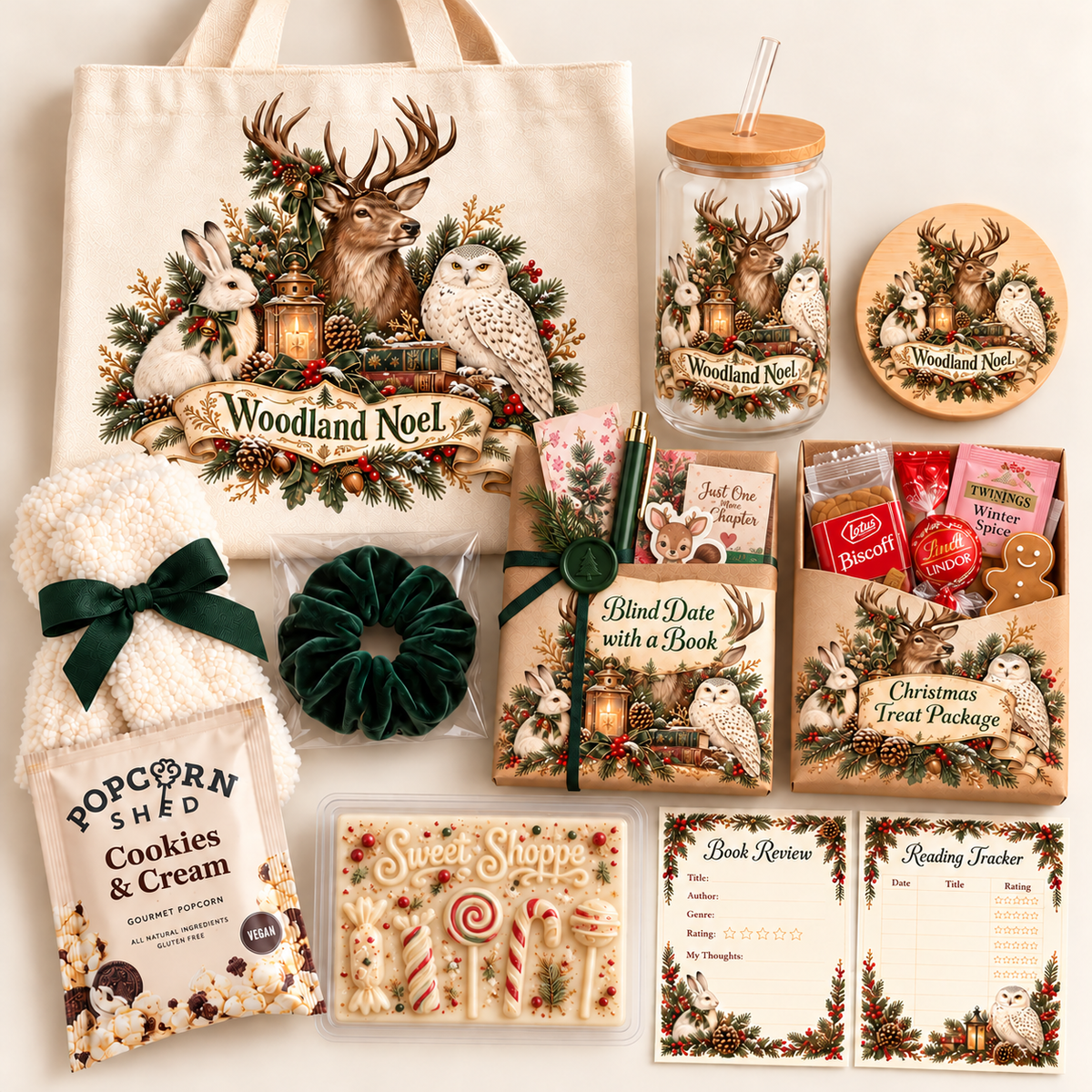A curated Christmas gift set arranged on a light background, featuring a large canvas tote bag, a glass jar with a wooden lid, a round coaster, a plush towel, a velvet scrunchie, candy canes, a book, and gift boxes with holiday illustrations and labels.