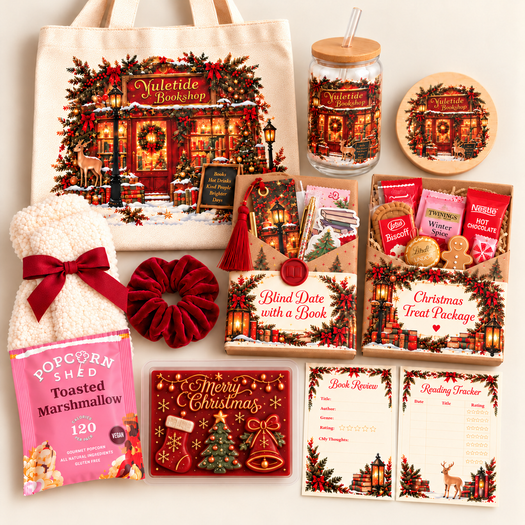 A Christmas-themed gift bundle featuring a canvas tote bag, a glass tumbler with a wooden lid, a round coaster, a plush scarf wrapped in a red ribbon, a red velvet scrunchie, a boxed blind date with a book kit, a Christmas treat package, a Popcorn Shed toasted marshmallow bag, a book hooker card, a reading tracker card, and a Christmas ornament.