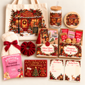 A Christmas-themed gift bundle featuring a canvas tote bag, a glass tumbler with a wooden lid, a round coaster, a plush scarf wrapped in a red ribbon, a red velvet scrunchie, a boxed blind date with a book kit, a Christmas treat package, a Popcorn Shed toasted marshmallow bag, a book hooker card, a reading tracker card, and a Christmas ornament.
