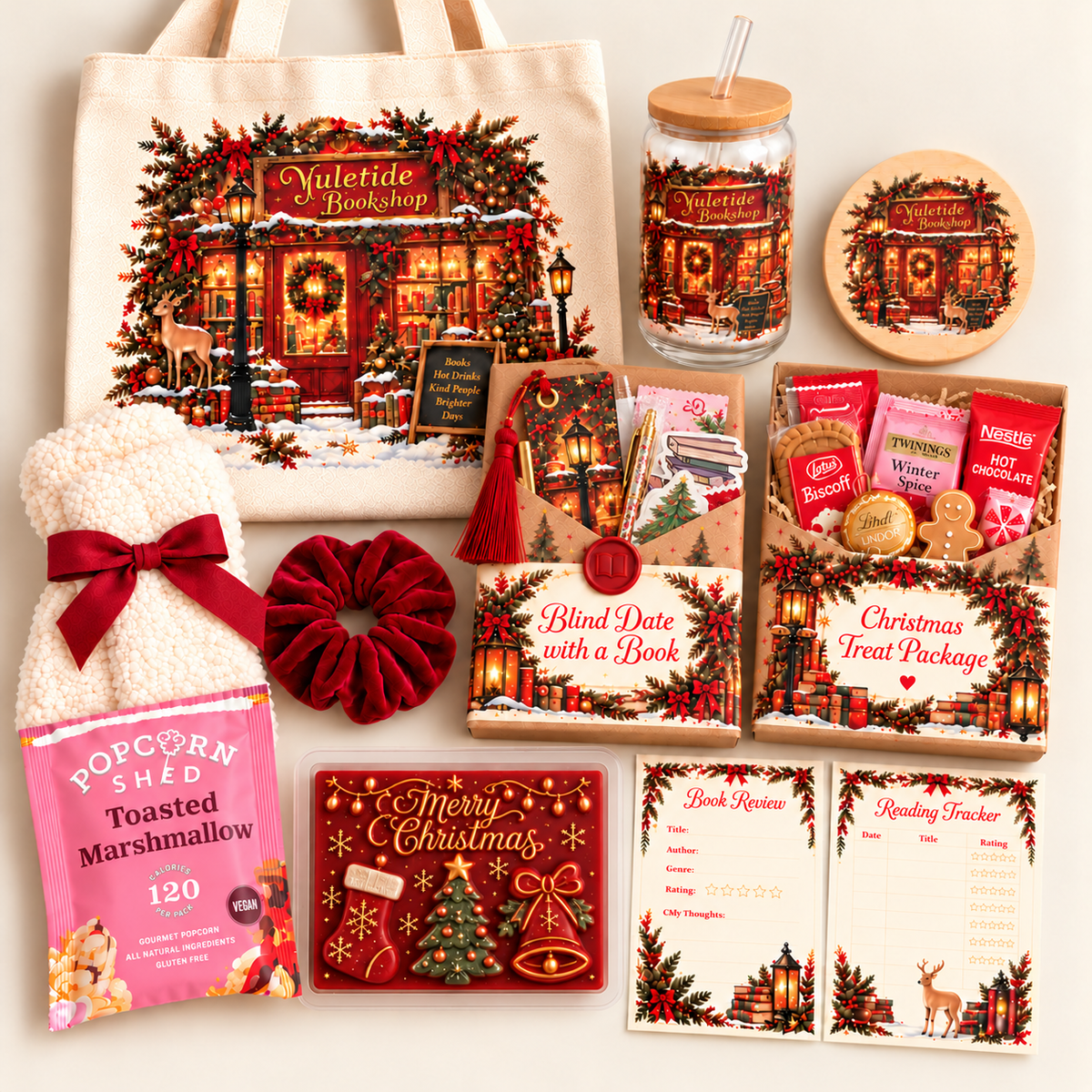 A Christmas-themed gift bundle featuring a canvas tote bag, a glass tumbler with a wooden lid, a round coaster, a plush scarf wrapped in a red ribbon, a red velvet scrunchie, a boxed blind date with a book kit, a Christmas treat package, a Popcorn Shed toasted marshmallow bag, a book hooker card, a reading tracker card, and a Christmas ornament.