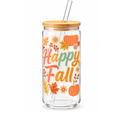 A clear glass tumbler with a bamboo lid and glass straw, decorated with 'Happy Fall' text and autumn illustrations including pumpkins, leaves, and flowers, on a white background.