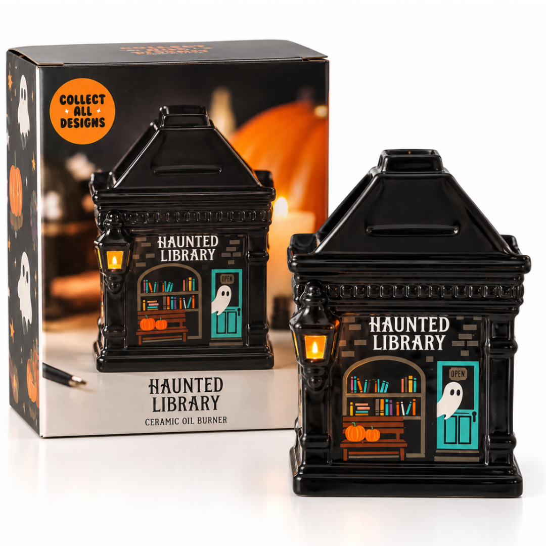 haunted library wax burner, Halloween ceramic wax burner, gothic wax melt burner, spooky home decor, book lover wax burner, Billie Rae Halloween burner